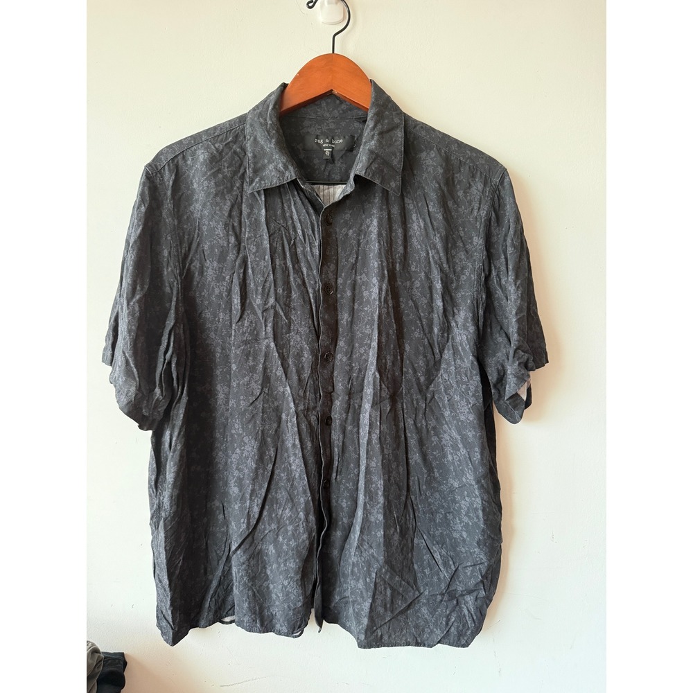 Rag & Bone Mens XL Black Floral Damask Viscose Short Sleeve Button Down Shirt